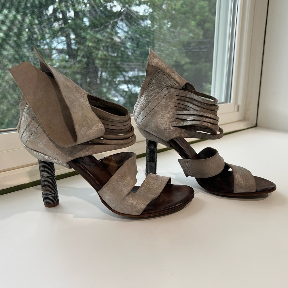 A.S.98 Metallic Silver Gray Strappy Sculpted Heel Sandals 37 - Picture 14 of 14